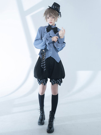 ゴシックロリータブラウス リボン 長袖ブラウス ロリータトップ ライトスカイブルー ロリータシャツ