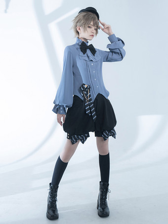 ゴシックロリータブラウス リボン 長袖ブラウス ロリータトップ ライトスカイブルー ロリータシャツ