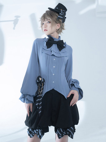 ゴシックロリータブラウス リボン 長袖ブラウス ロリータトップ ライトスカイブルー ロリータシャツ