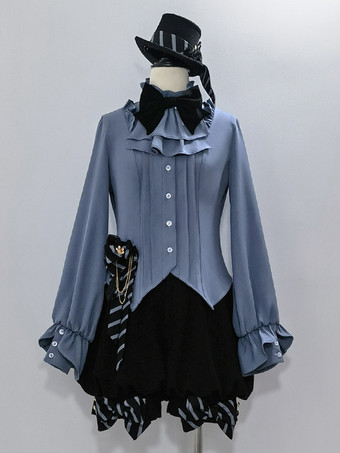 ゴシックロリータブラウス リボン 長袖ブラウス ロリータトップ ライトスカイブルー ロリータシャツ