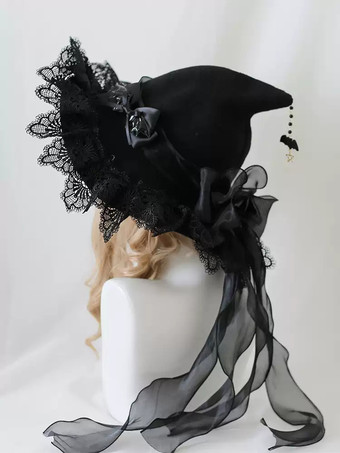 Gothic Lolita Hut Halloween Hexe Schwarz Spitz Breitkrempiger Hexenhut Lolita Accessoires