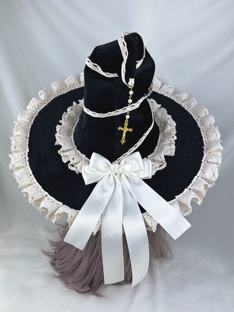 ゴシックロリータ帽子黒リボンフリルチェーンアクセサリーポリエステルロリータアクセサリー