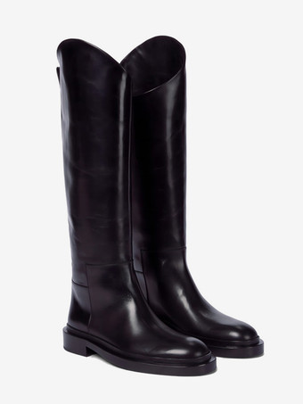 ミッドカーフブーツ レディース 牛革 ラウンドトゥ フラットブーツ