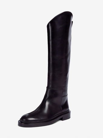 ブラック ミッドカーフブーツ レディース 牛革 ラウンドトゥ フラットブーツ