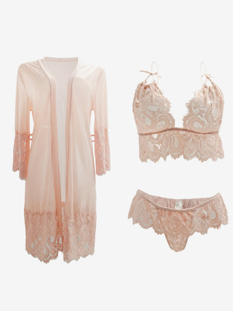 アプリコット3ピース ブラ パンティ ローブ セット パジャマ 寝巻き レッド サッシュ 室内用ランジェリー