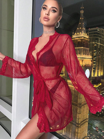 パジャマ 寝巻き ローブ シースルー レッドサッシュ デイリーカジュアルランジェリー