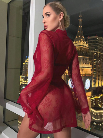 パジャマ 寝巻き ローブ シースルー レッドサッシュ デイリーカジュアルランジェリー