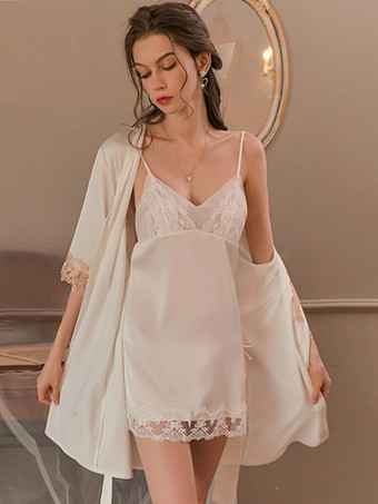 ホワイト パジャマ 3点セット 寝巻き シュミーズ ドレス ひも パンティ ローブ