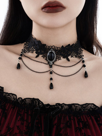 ブラックシルバーゴシック女性屋内レッドレースマルチレイヤークリスタルチョーカーネックレス