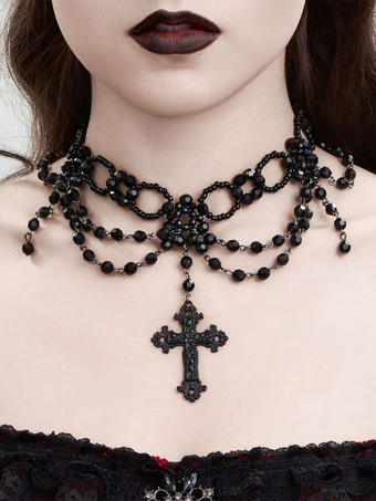 ブラックゴールドゴシック女性屋内レッドレースマルチレイヤークリスタルチョーカーネックレス