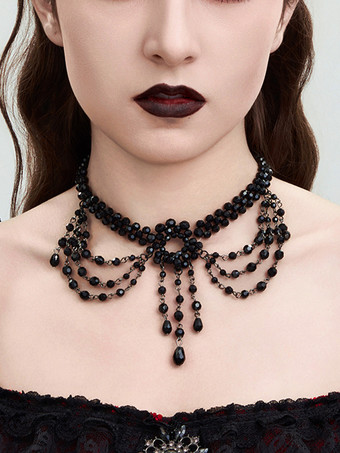 ブラック ゴシック女性屋内レッドレースマルチレイヤークリスタルチョーカーネックレス