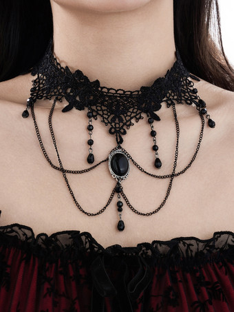 シルバー ゴシック女性屋内レッドレースマルチレイヤークリスタルチョーカーネックレス