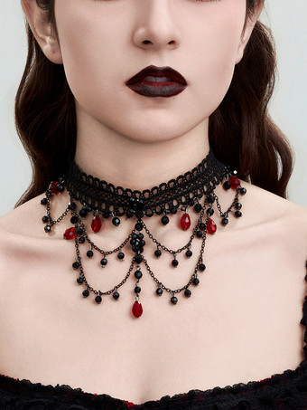 レッド ゴシック女性屋内レッドレースマルチレイヤークリスタルチョーカーネックレス