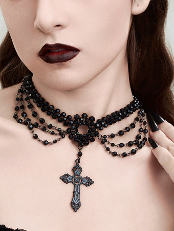 ライトグレー ゴシック女性屋内レッドレースマルチレイヤークリスタルチョーカーネックレス