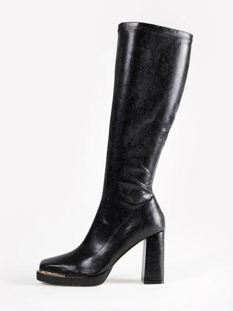 ニーハイブーツ レディース ブラック メタルディテール チャンキーヒール ニーハイブーツ