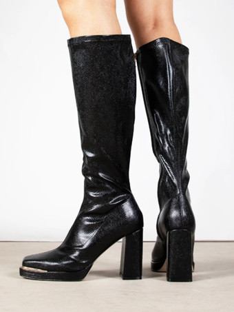 ニーハイブーツ レディース ブラック メタルディテール チャンキーヒール ニーハイブーツ