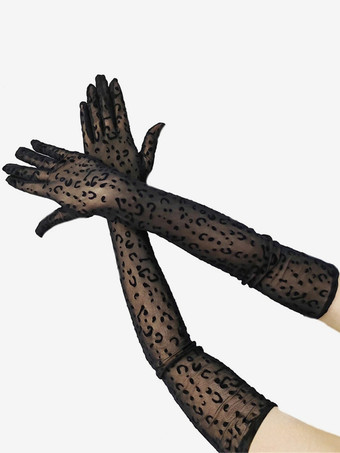 ブラックチュール ヒョウ柄 フルフィンガー パーティーコスチューム ウェディンググローブ