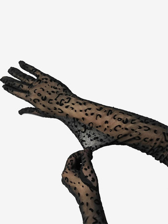 ブラックチュール ヒョウ柄 フルフィンガー パーティーコスチューム ウェディンググローブ