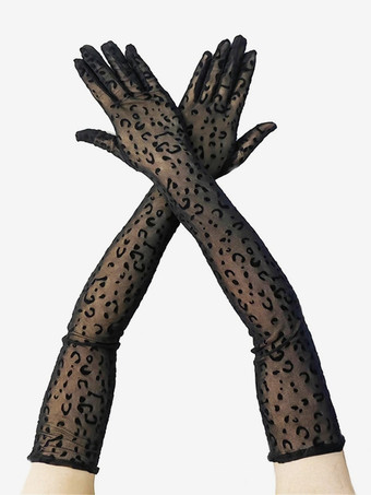 ブラック ブラックチュール ヒョウ柄 フルフィンガー パーティーコスチューム ウェディンググローブ