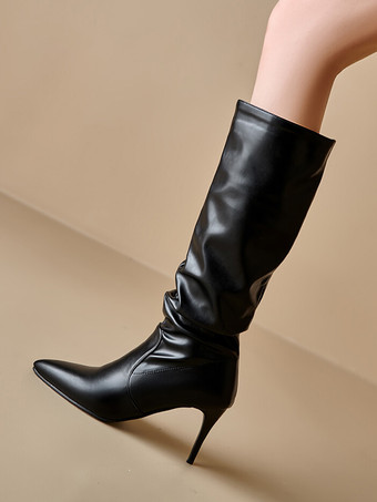ミッドカーフブーツ レディース PUレザー ポインテッドトゥ スティレットヒールブーツ