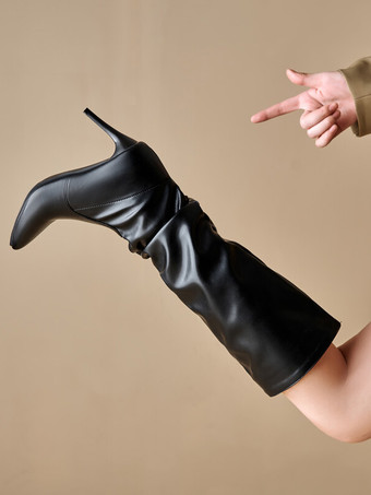 ミッドカーフブーツ レディース PUレザー ポインテッドトゥ スティレットヒールブーツ