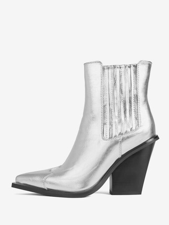 シルバー レディース アンクルブーツ シルバー PUレザー ブーティ ポインテッドトゥ チャンキーヒール
