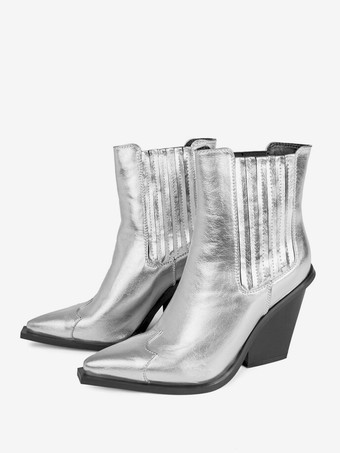 レディース アンクルブーツ シルバー PUレザー ブーティ ポインテッドトゥ チャンキーヒール