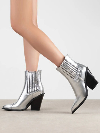 レディース アンクルブーツ シルバー PUレザー ブーティ ポインテッドトゥ チャンキーヒール