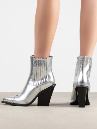 レディース アンクルブーツ シルバー PUレザー ブーティ ポインテッドトゥ チャンキーヒール