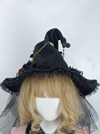 ゴシックロリータ帽子黒花フリルチェーンアクセサリーポリエステルロリータアクセサリー