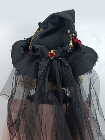 ゴシックロリータ帽子黒花フリルチェーンアクセサリーポリエステルロリータアクセサリー