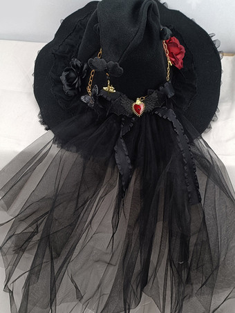 ゴシックロリータ帽子黒花フリルチェーンアクセサリーポリエステルロリータアクセサリー