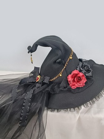 ゴシックロリータ帽子黒花フリルチェーンアクセサリーポリエステルロリータアクセサリー