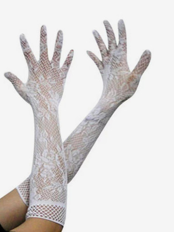 ホワイト 女性用フルフィンガーパーティー用ブラックレースグローブ オペラパーティーウェディング用