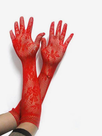 レッド 女性用フルフィンガーパーティー用ブラックレースグローブ オペラパーティーウェディング用