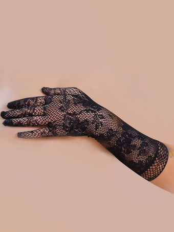 女性用フルフィンガーパーティー用ブラックレースグローブ オペラパーティーウェディング用