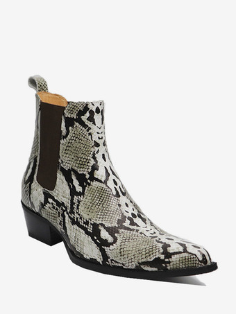 メンズブーツ チェルシーブーツ スネークプリント 牛革 ポインテッドトゥ ジッパー アンクル ショートドレスブーツ