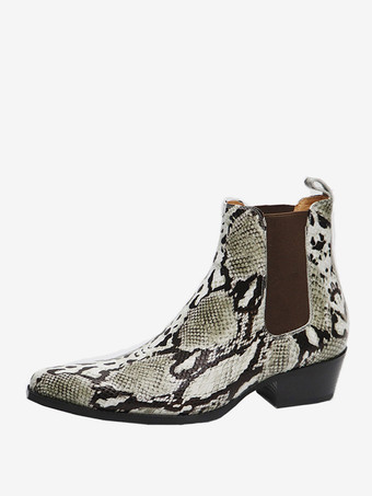 メンズブーツ チェルシーブーツ スネークプリント 牛革 ポインテッドトゥ ジッパー アンクル ショートドレスブーツ