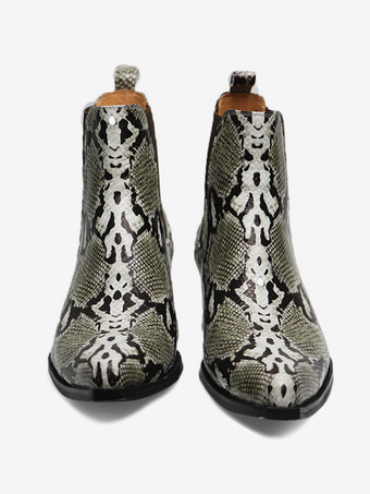 メンズブーツ チェルシーブーツ スネークプリント 牛革 ポインテッドトゥ ジッパー アンクル ショートドレスブーツ
