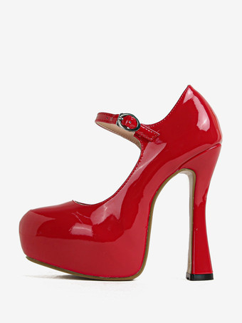 Rosso Scarpe col tacco alto sexy da donna con fibbia e tacco spesso in vernice