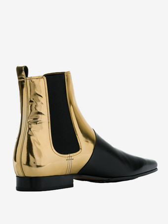 メンズ チェルシーブーツ ゴールド 牛革 ポインテッドトゥ プルオン ウエスタン ドレスブーツ