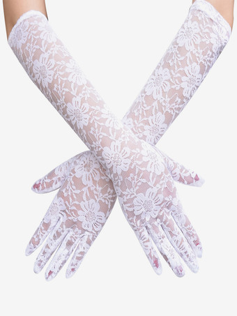 ホワイト 女性用ロングフローラルウェディングホワイトレースパーティーブライダルグローブ