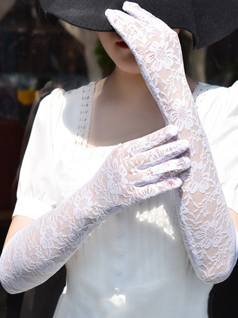 女性用ロングフローラルウェディングホワイトレースパーティーブライダルグローブ