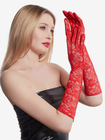 レッド 女性用ロングフローラルウェディングホワイトレースパーティーブライダルグローブ