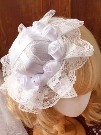 ホワイト ゴシックロリータ帽子黒フリル花アクセサリーポリエステルロリータアクセサリー