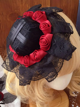 Sombrero gótico de lolita con volantes negros y flores accesorio de poliéster accesorios de lolita