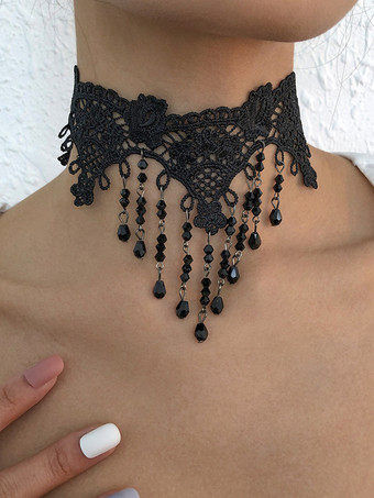 ブラックシルバーゴシック レース チョーカー ネックレス クリスタル タッセル カラー レディース