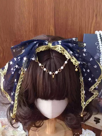 ダークネイビースイートロリータアクセサリー黒リボンレースヘッドウェアその他