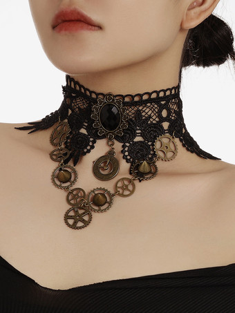 ブラック チョーカー レースネックレス レトロ スチームパンク ウエストバンド ブラック メタルディテール デイリー