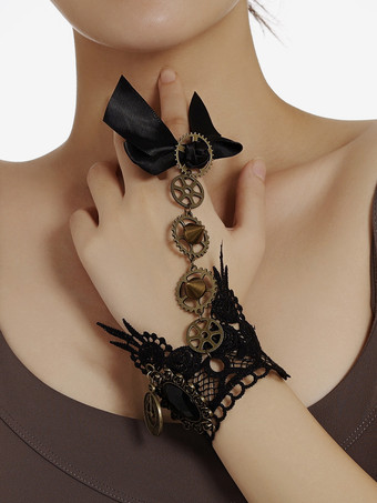 ブラック ブレスレット 指なし 手袋 レディース ヴィンテージ ダークブラック レース デイリー カジュアル